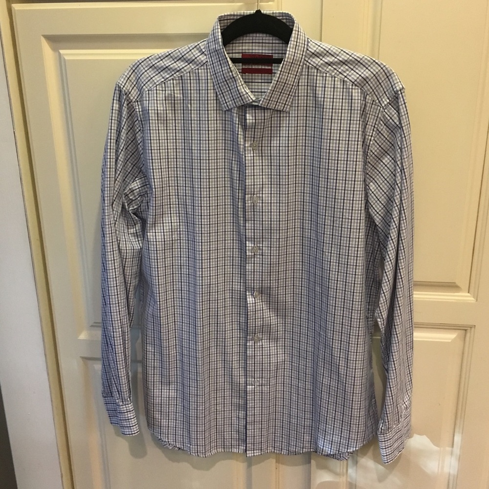 Alfani Fitted Performance Blue White Checked Butt… - image 1